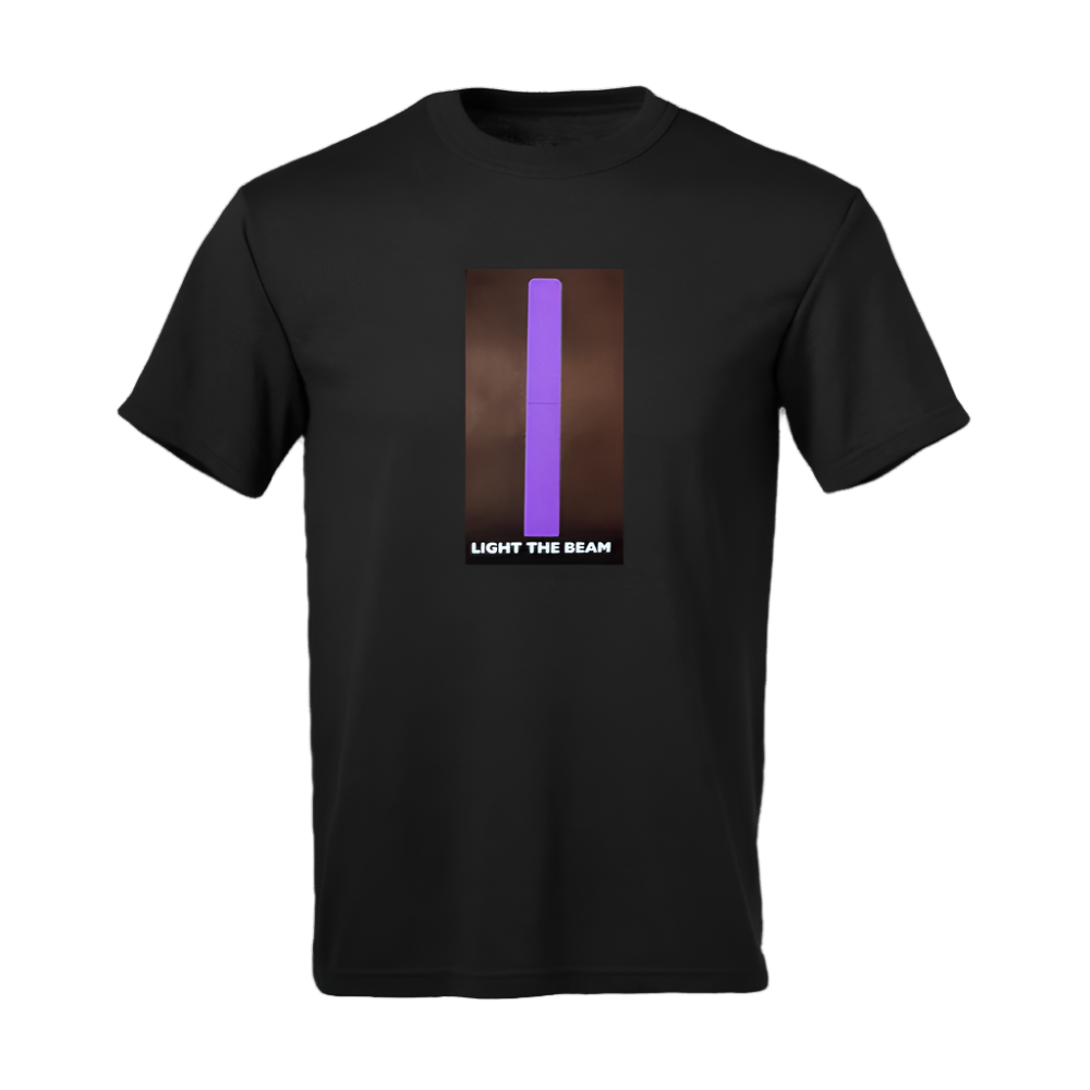 Picture of black t-shirt with panel that has a long purple beam in the middle of the chest with the words light the beam below it.